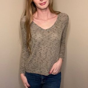 American Eagle XS Dark Green & Tan Oversized V-Neck Knit Long Sleeve Top Thin